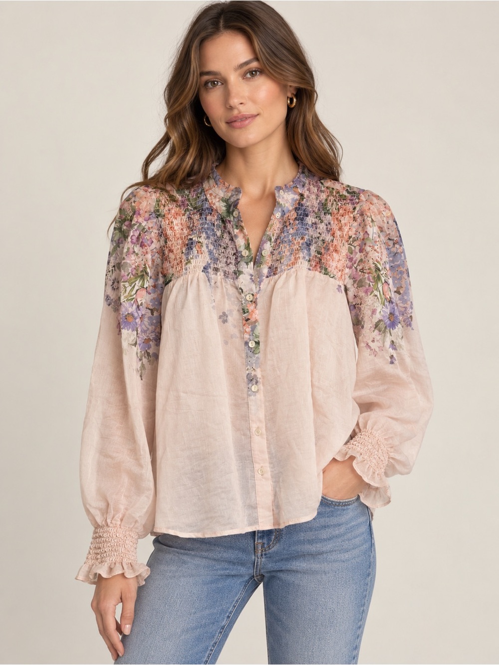 Bailey 44 Romantic floral blouse with smocked detailing, billowy sleeves M